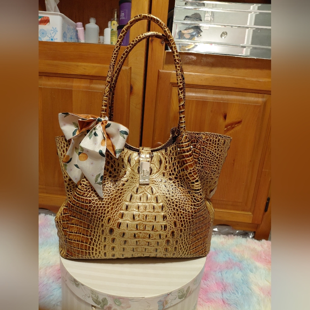 Gold Croc-Embossed Tote Bag with Decorative Bow BRAHMIN  Mallory Tote FIRM PRICE